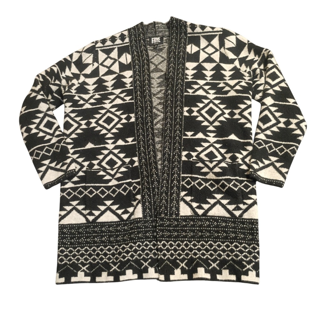 Dazy Cardigan Sweater Womens XL Black White Geometric Tribal Open Front Pockets